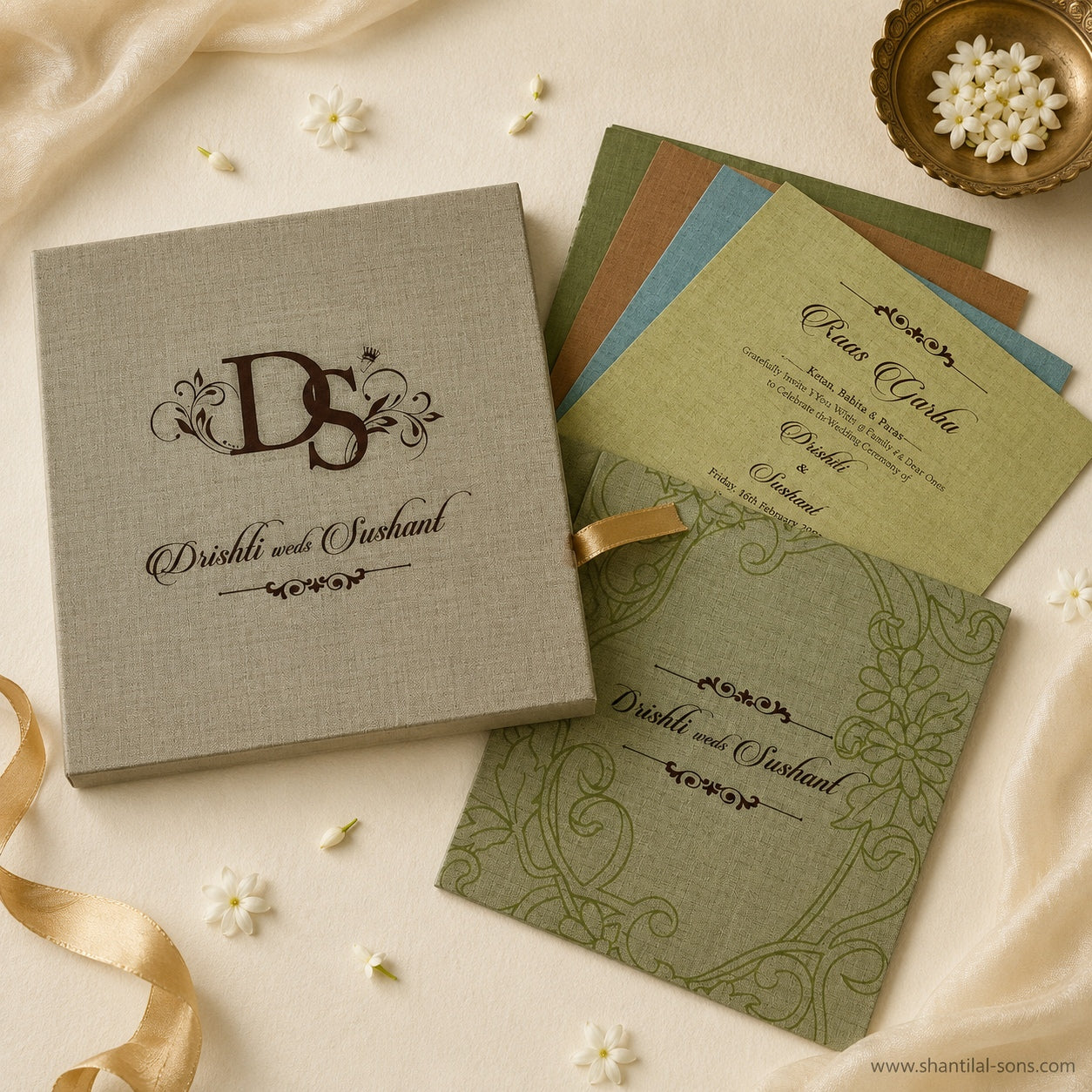 Luxury Sage Green Linen Textured Box Wedding Invitation | SS-8104