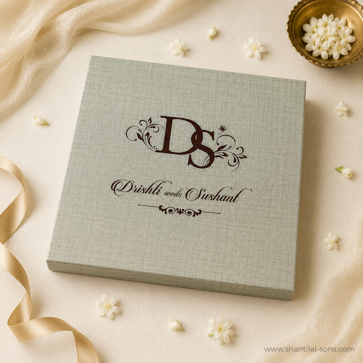 Luxury Sage Green Linen Textured Box Wedding Invitation | SS-8104
