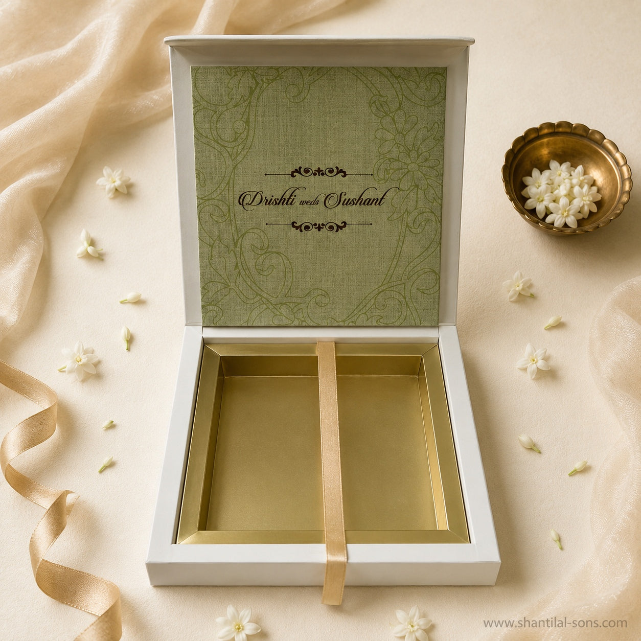 Luxury Sage Green Linen Textured Box Wedding Invitation | SS-8104