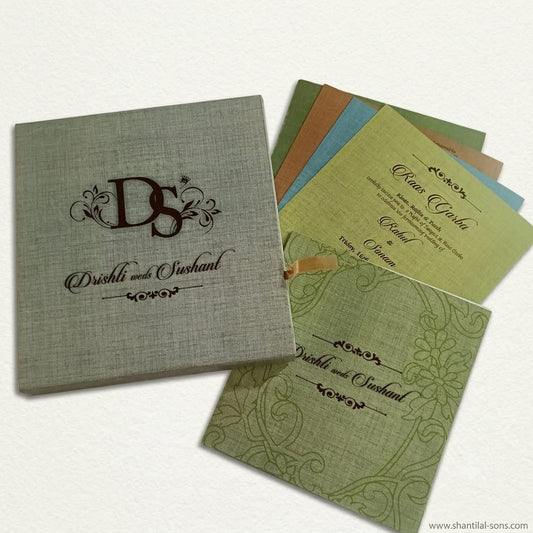 Luxury Sage Green Linen Textured Box Wedding Invitation | SS-8104